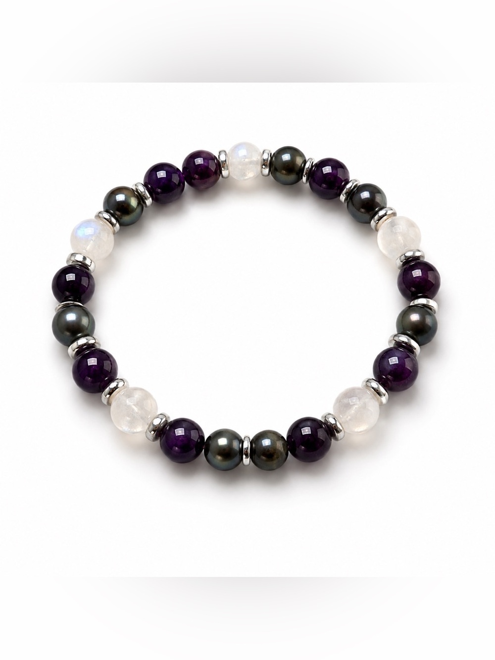 Handmade Purpurite, Moonstone, and Freshwater Pearl Stretch Bracelet